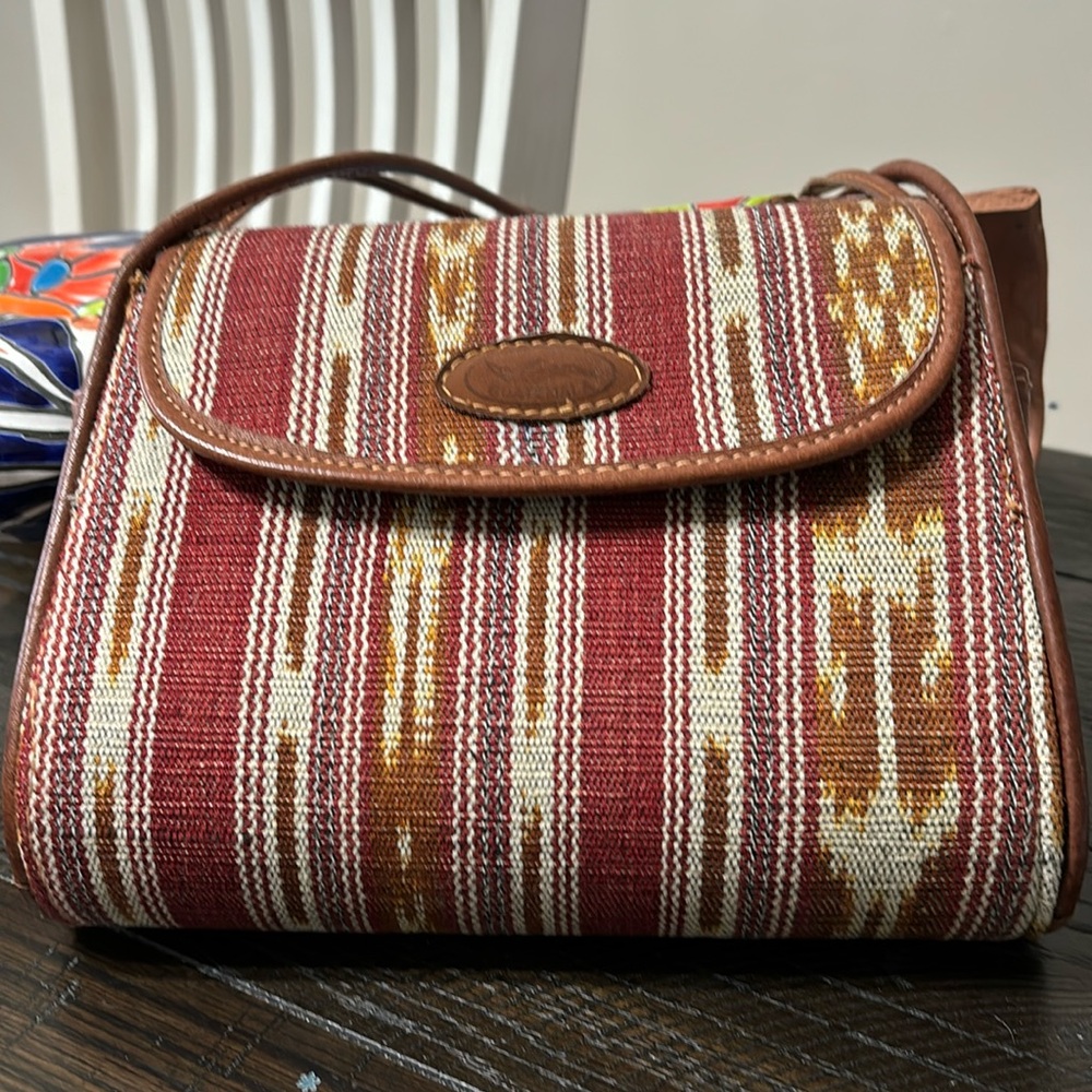Guatemalan made purse,  brown leather and multi color fabric combination